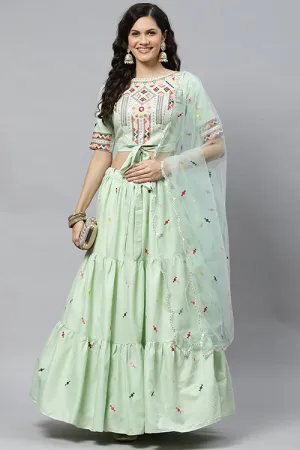 Pista Cotton Multi Embroidered Work Lehenga Choli