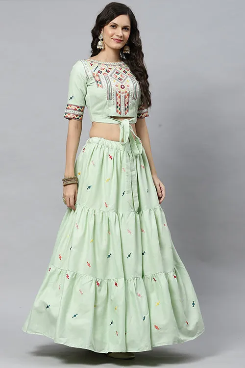 Pista Cotton Multi Embroidered Work Lehenga Choli