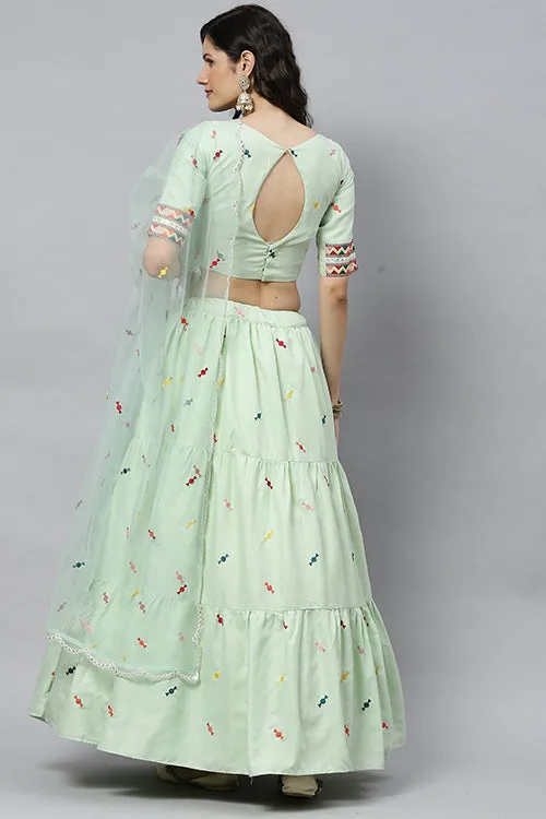 Pista Cotton Multi Embroidered Work Lehenga Choli