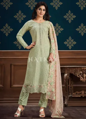 Pista Green And Peach Floral Embroidery Pakistani Pant Suit