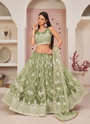 Pista Green Embroidered Partywear Lehenga Choli