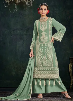 Pista Green Embroidery Palazzo Style Suit