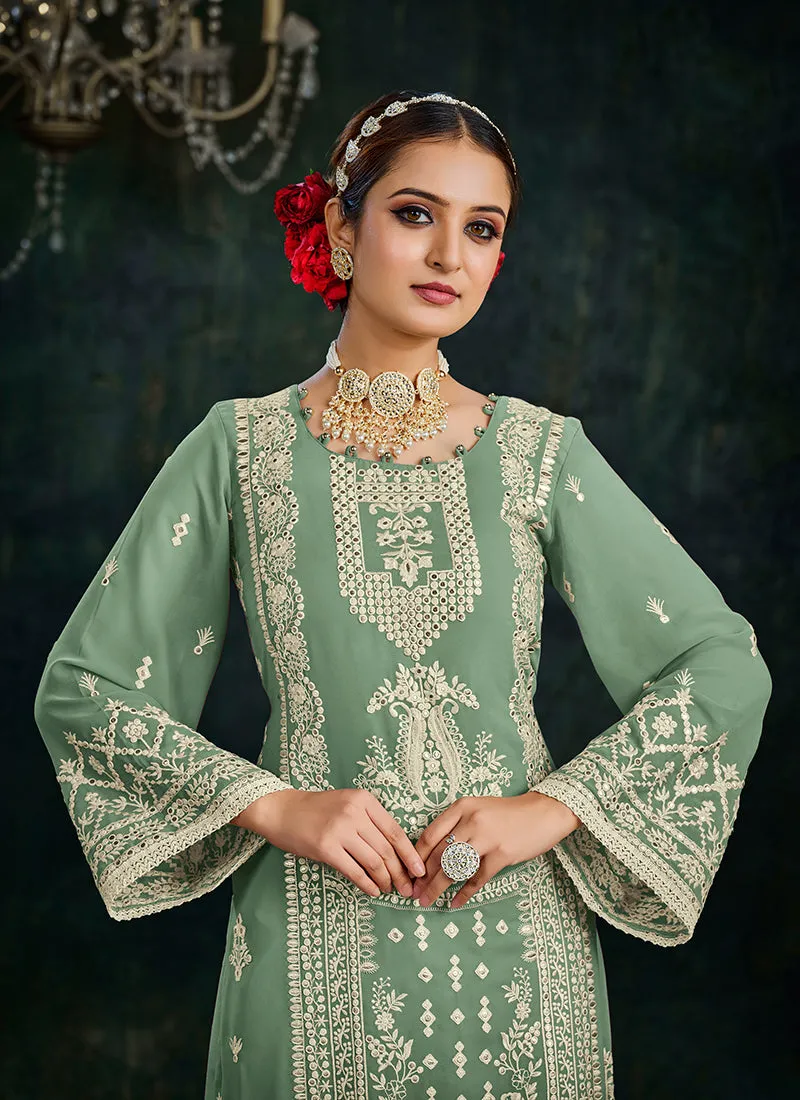 Pista Green Embroidery Palazzo Style Suit