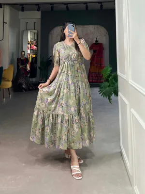 Pista Green Flower Fields Georgette Frock - Dreamy Florals for the Summer