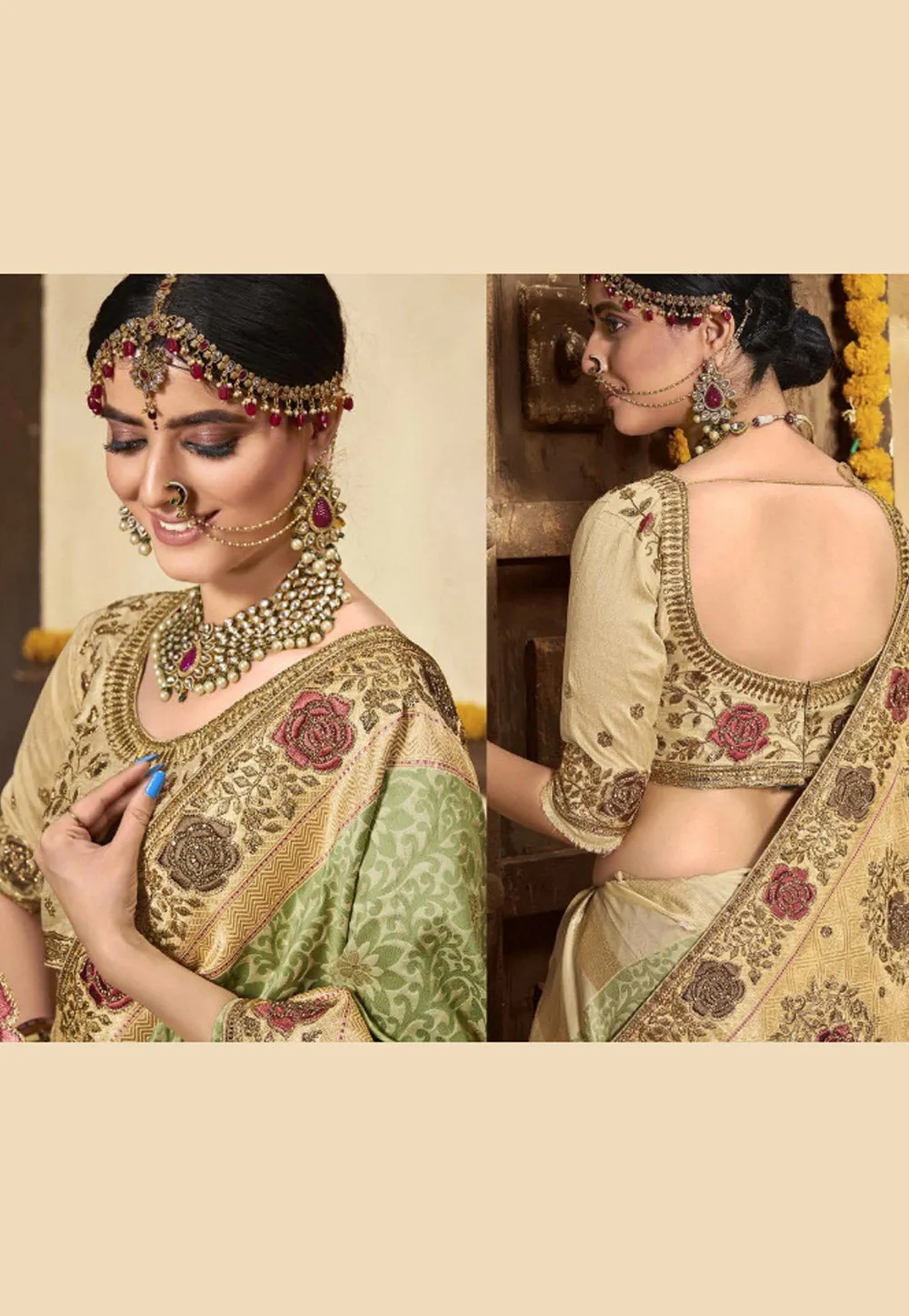 Pista Green Golden Embroidered Wedding Saree