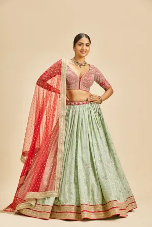 Pista Green Lehenga With Red Choli And Dupatta