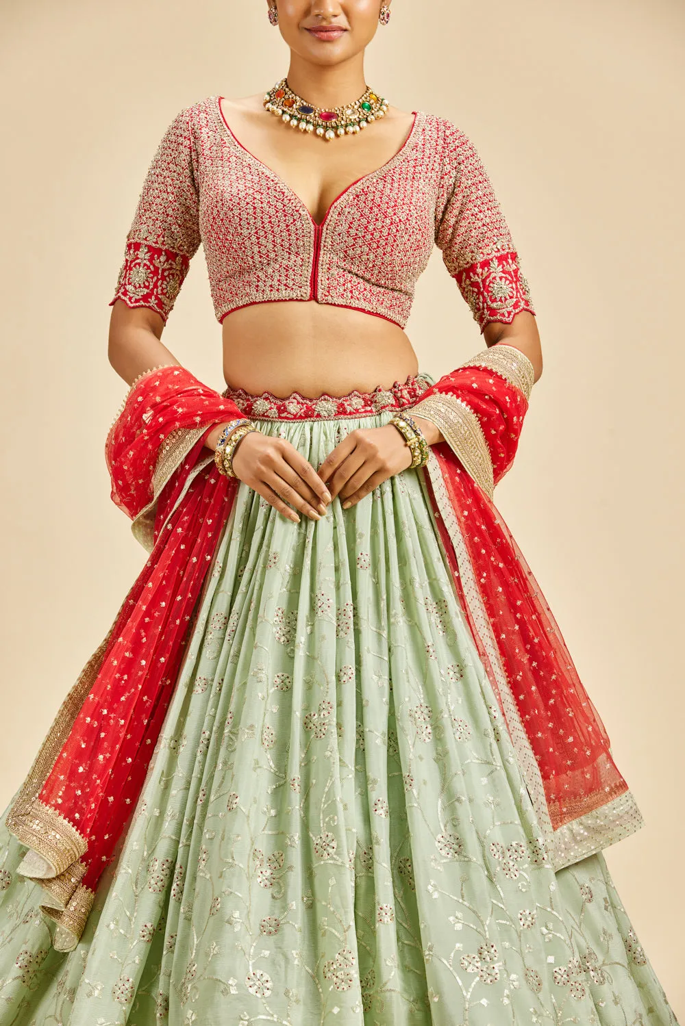 Pista Green Lehenga With Red Choli And Dupatta