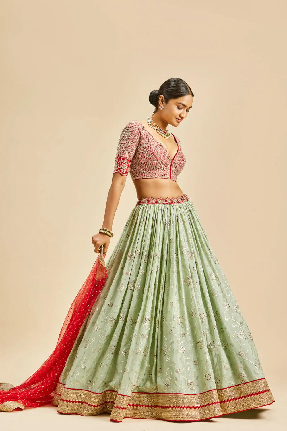 Pista Green Lehenga With Red Choli And Dupatta