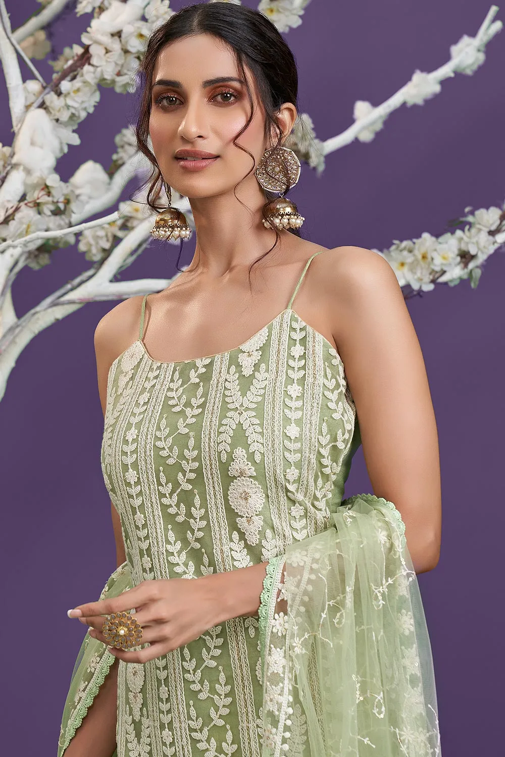 Pista Green Lucknowi Chikankari Embroidered Pant Style Suit