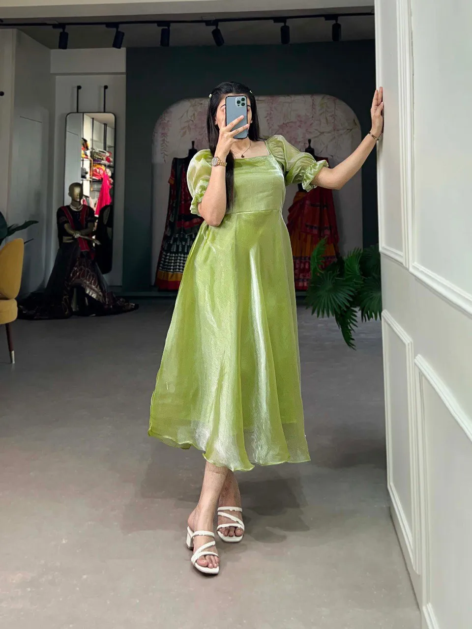 Pista Green Luxuriously Plain Burberry Silk Frock for Effortless Summer Elegance