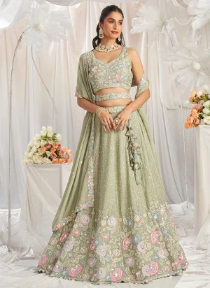 Pista Green Multi Embroidered Bridal Lehenga Choli