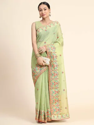 Pista Green Saree in Gold Tissue Embroidered Panel Work