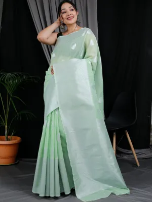 Pista Green Saree in Linen Silk with Silver Zari Woven and Big Border