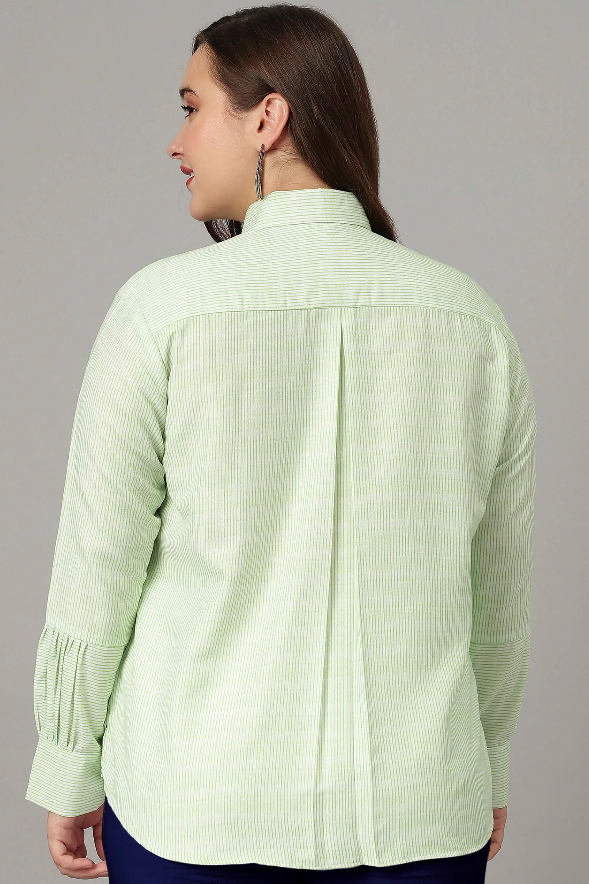 Pista Green Shirt Style Long Cuff Sleeves Striped Top for Women