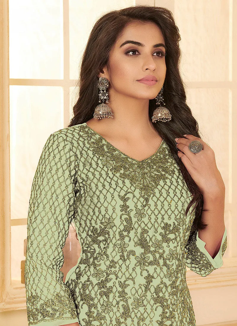 Pista Green Traditional Embroidered Pant style Suit