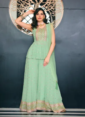 Pista Green Zari And Badla Embroidered Gharara Style Suit