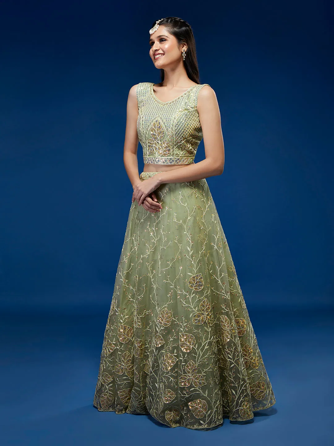 Pista Net Sequinse Work Semi-Stitched Lehenga & Unstitched Blouse, Dupatta