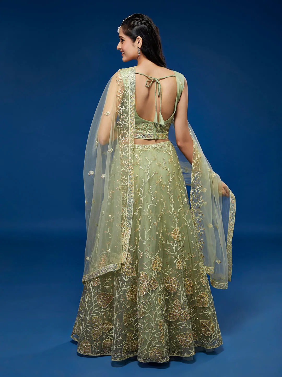 Pista Net Sequinse Work Semi-Stitched Lehenga & Unstitched Blouse, Dupatta