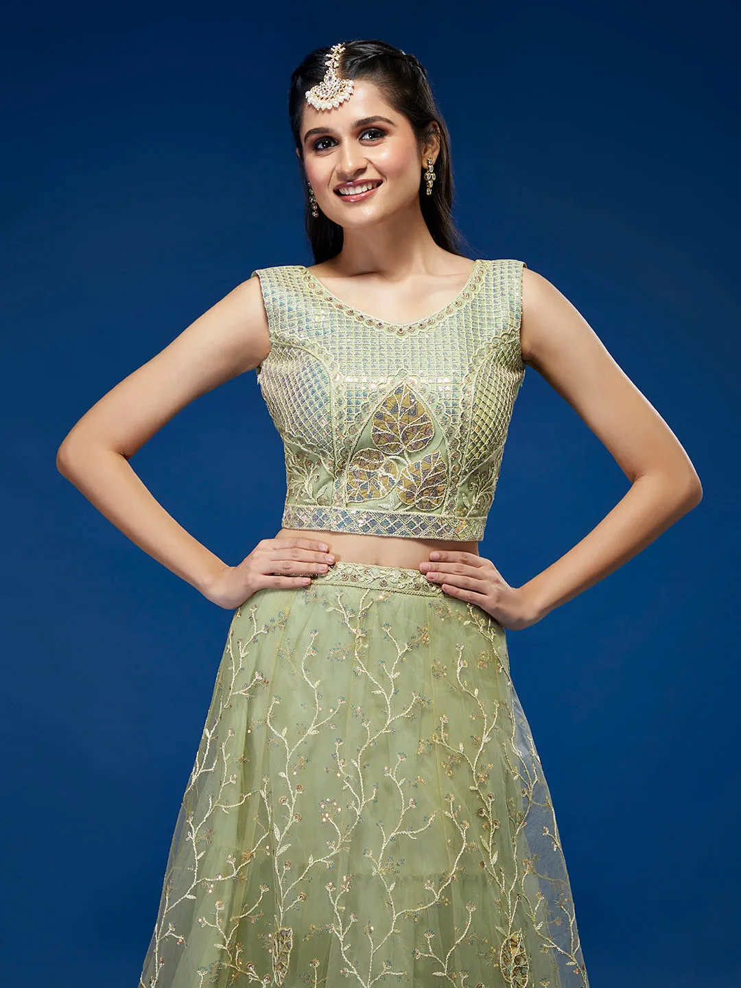 Pista Net Sequinse Work Semi-Stitched Lehenga & Unstitched Blouse, Dupatta