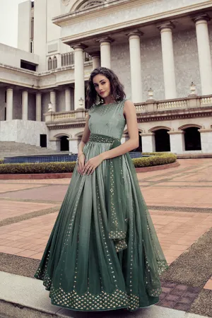 Pista To Green Multi Color Chinon Thread And Sequence Embroidered Work Gown