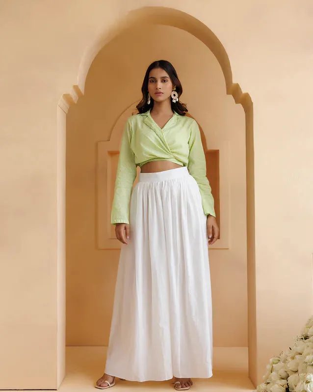 Pistachio Green And White Mul-Mul Palazzo Set