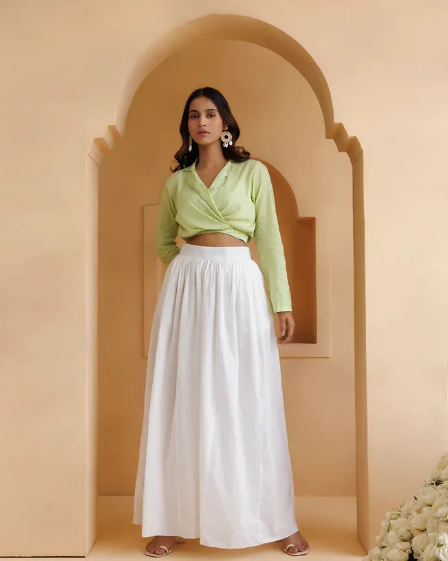 Pistachio Green And White Mul-Mul Palazzo Set