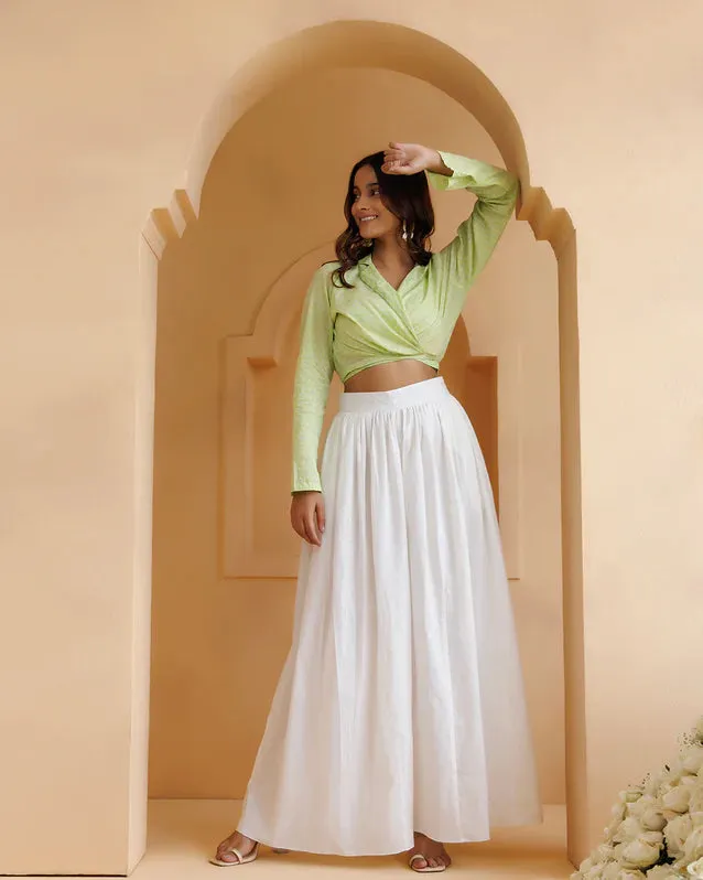 Pistachio Green And White Mul-Mul Palazzo Set