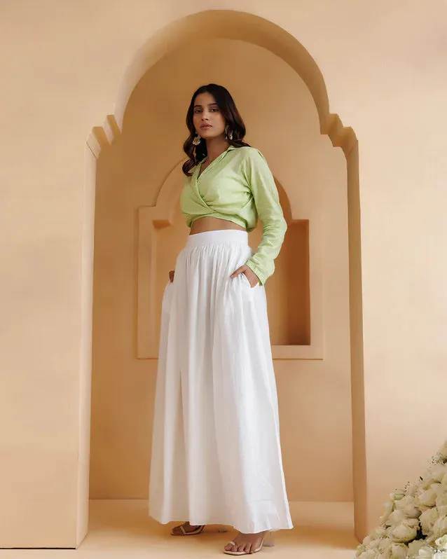 Pistachio Green And White Mul-Mul Palazzo Set