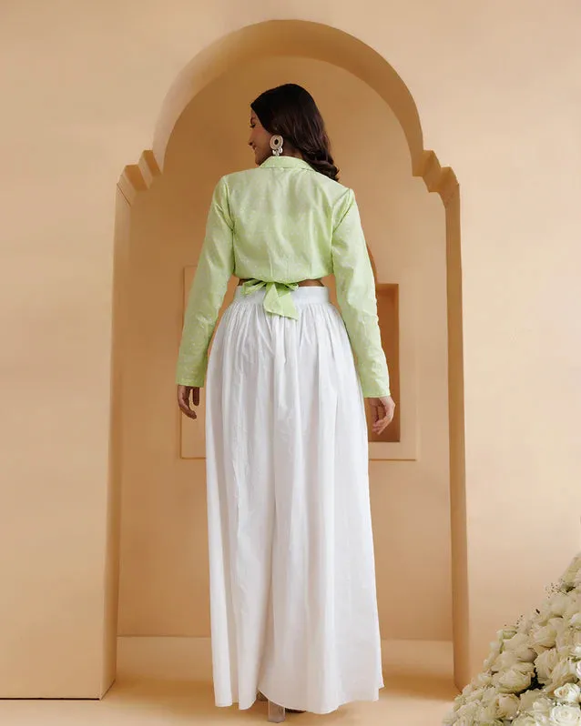 Pistachio Green And White Mul-Mul Palazzo Set