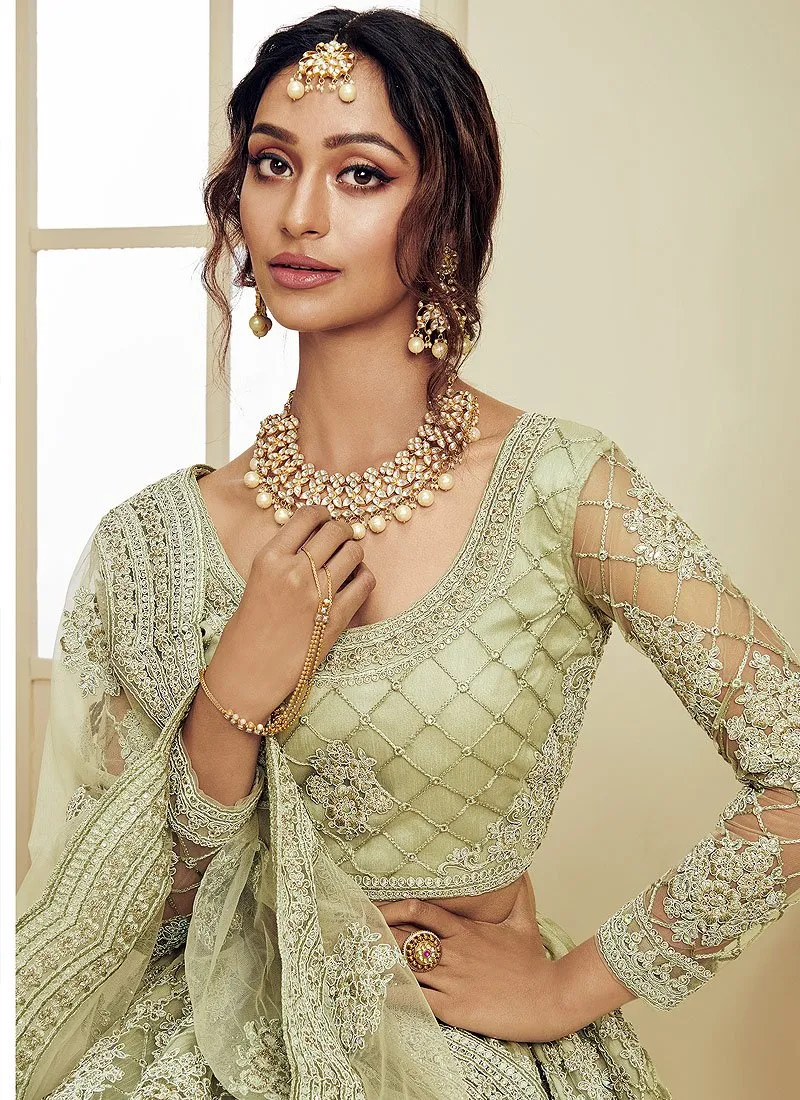 Pistachio Green Pearl Embroidered Wedding Lehenga Choli