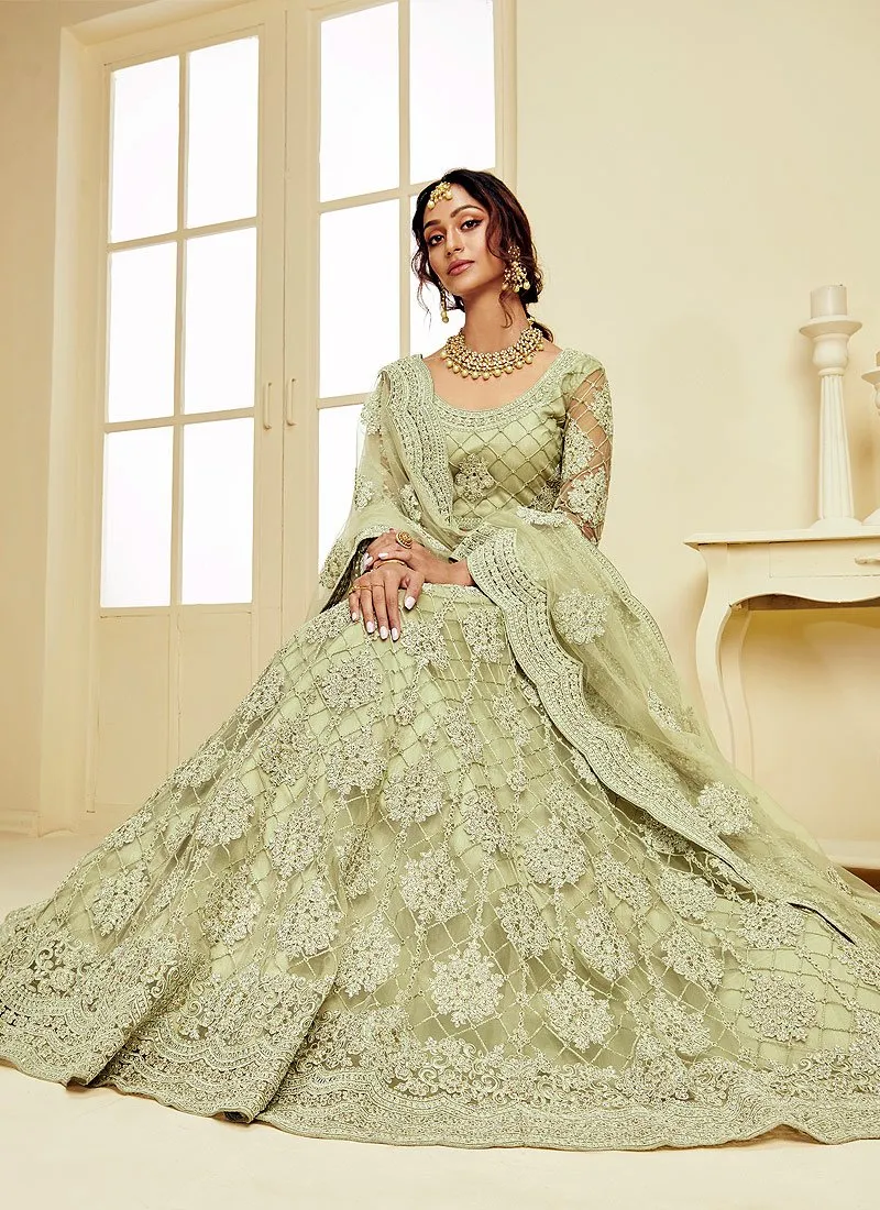 Pistachio Green Pearl Embroidered Wedding Lehenga Choli