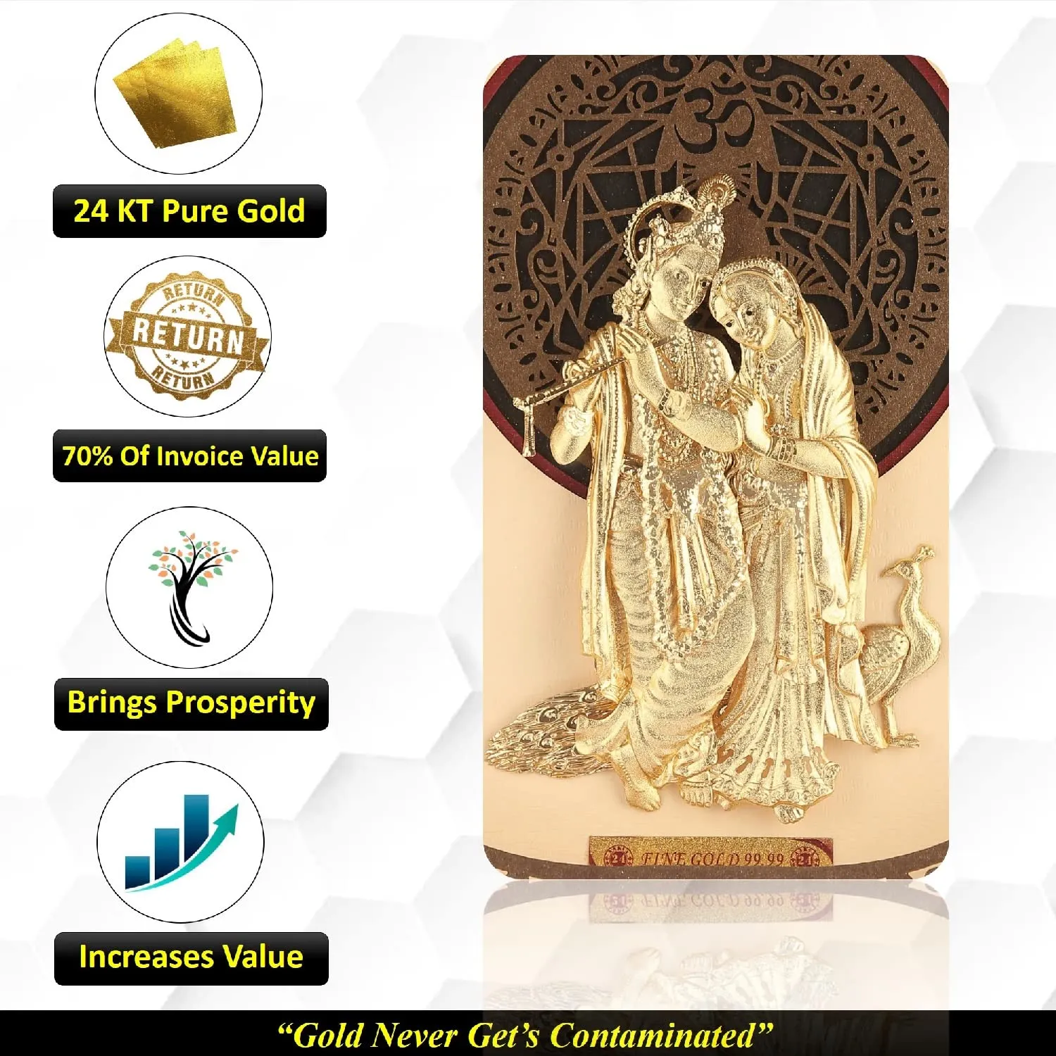 Pk & Pk Jewellers Lord Radha Krishna with Peacock | 24KT Gold Frame | Solid Square Collection | Medium Size [26x26 cm] (For Premium Gift, Temple, Table Decor, Home Decoration)