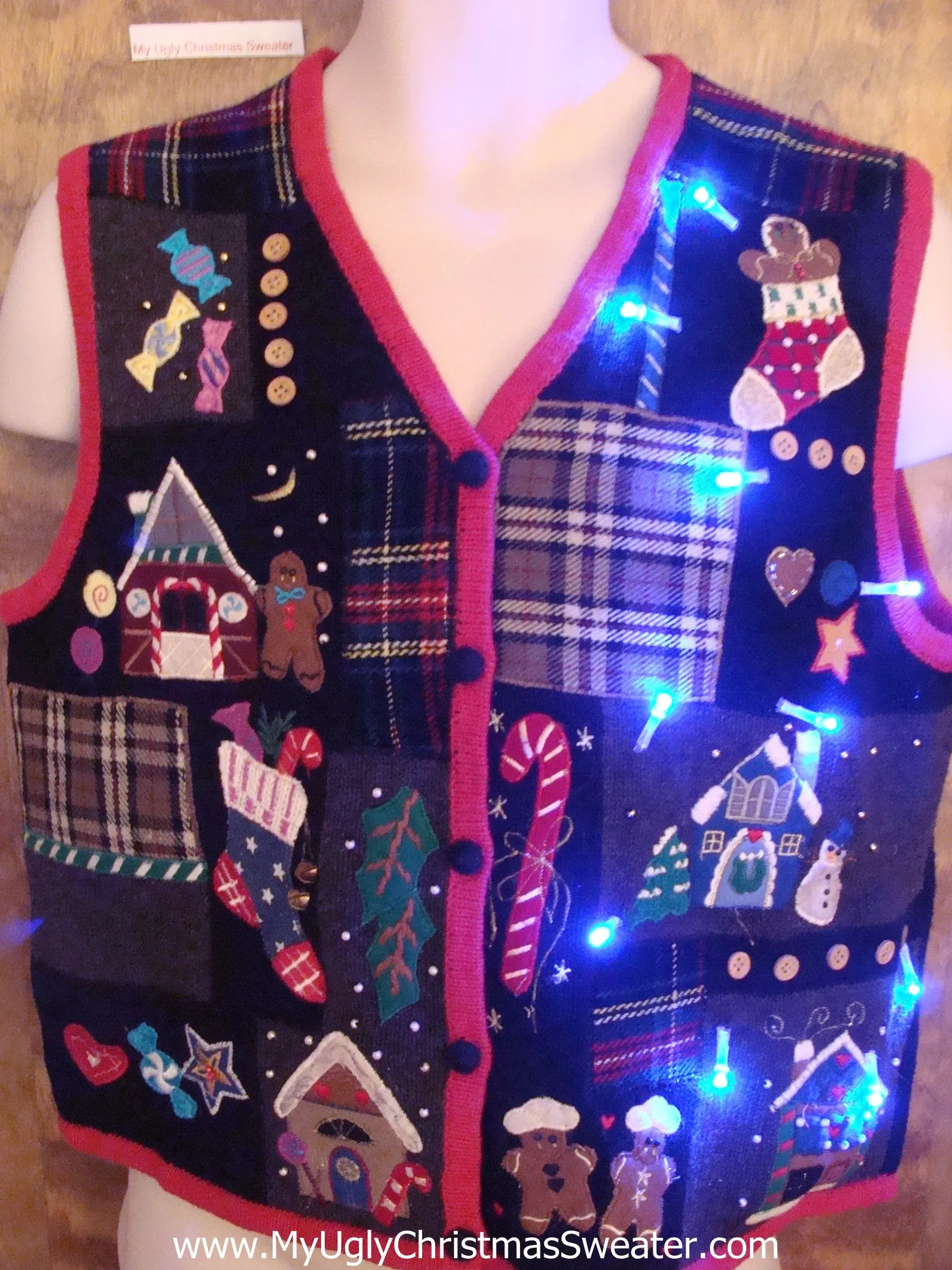 Plaid Patchwork Mess Light Up Ugly Xmas Sweater Vest