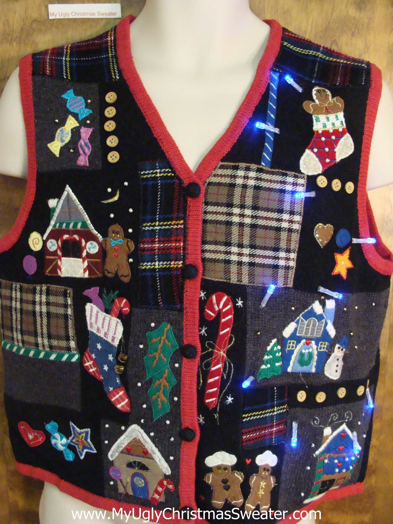 Plaid Patchwork Mess Light Up Ugly Xmas Sweater Vest