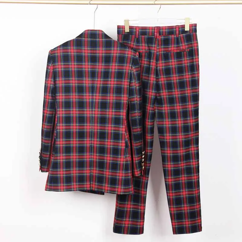 Plaid Print Double Breasted Suit Checked Ladies Pantsuits