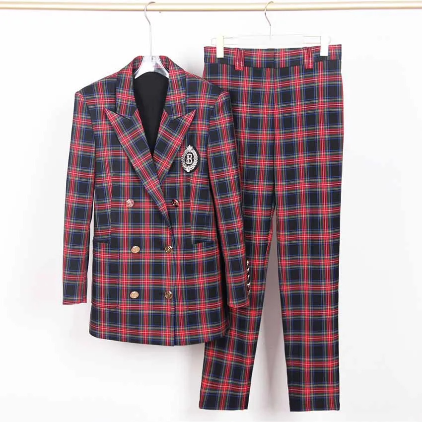 Plaid Print Double Breasted Suit Checked Ladies Pantsuits