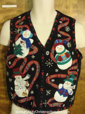 Plaid Ribbon and Snowmen Funny Ugly Sweater Vest for a Christmas Party