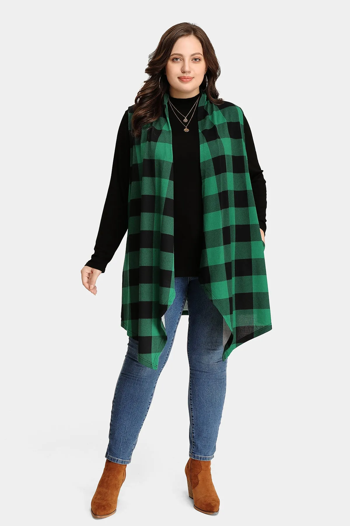 Plaid Stripe Design Long Sleeveless Coat