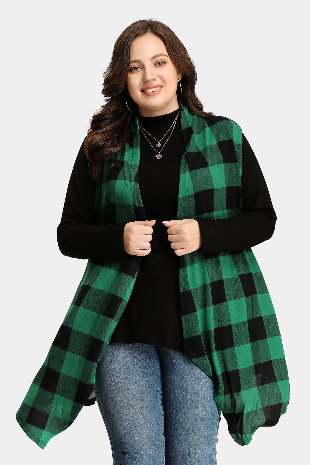 Plaid Stripe Design Long Sleeveless Coat