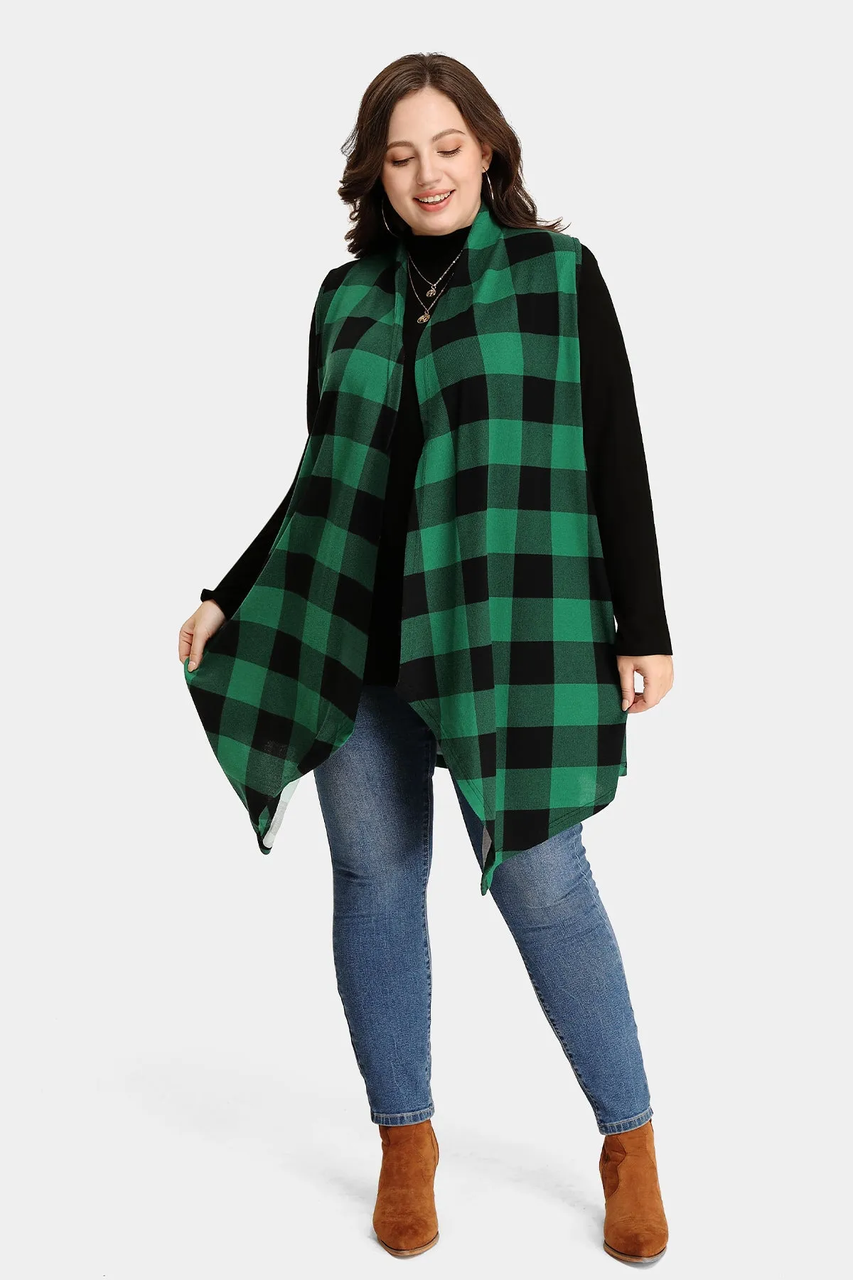 Plaid Stripe Design Long Sleeveless Coat