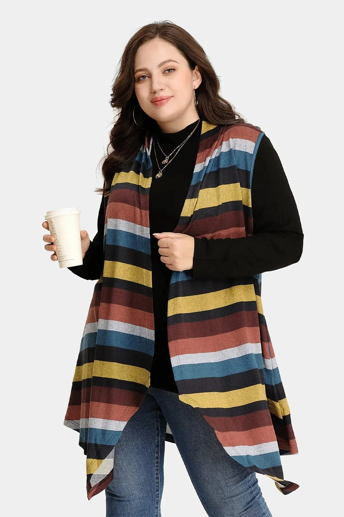 Plaid Stripe Design Long Sleeveless Coat