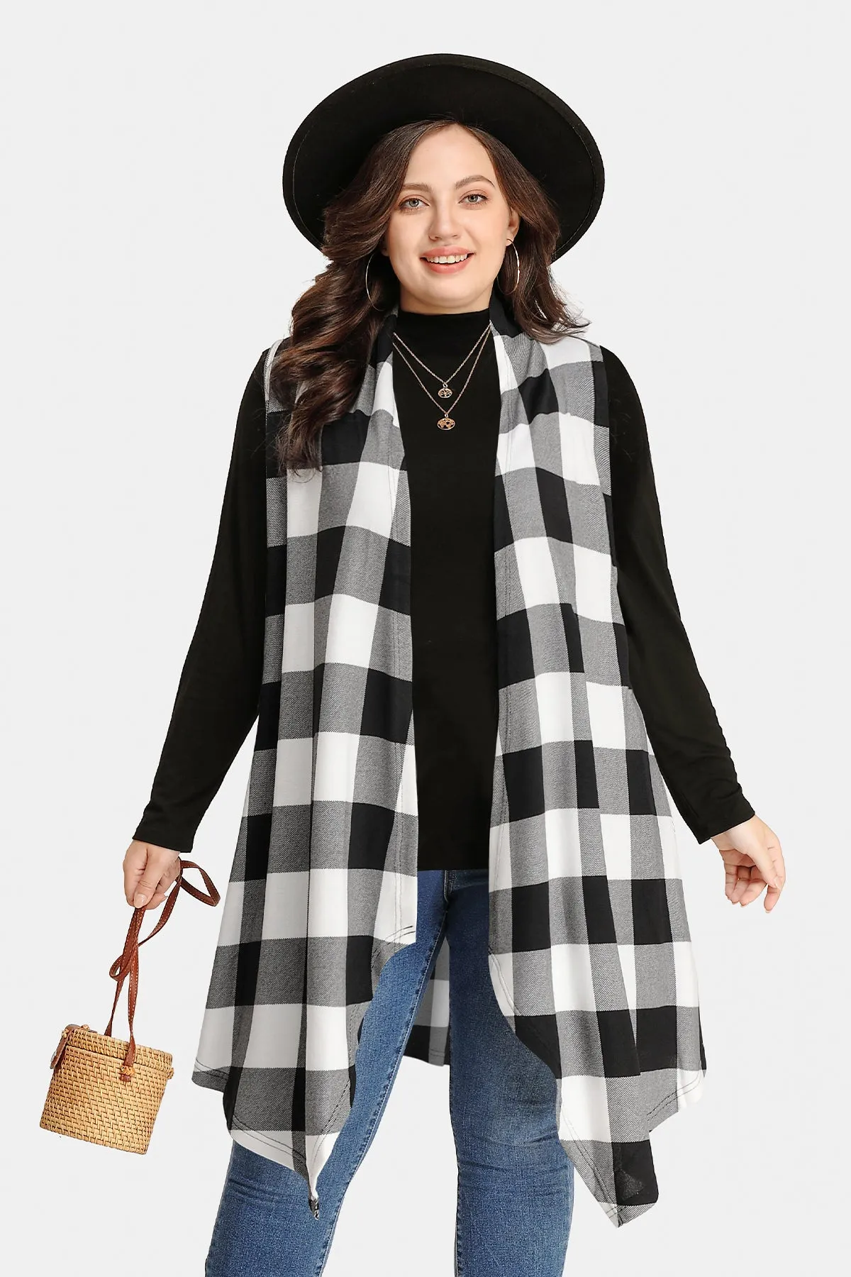 Plaid Stripe Design Long Sleeveless Coat