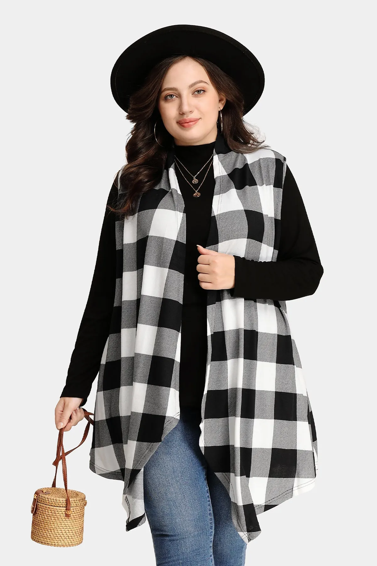 Plaid Stripe Design Long Sleeveless Coat