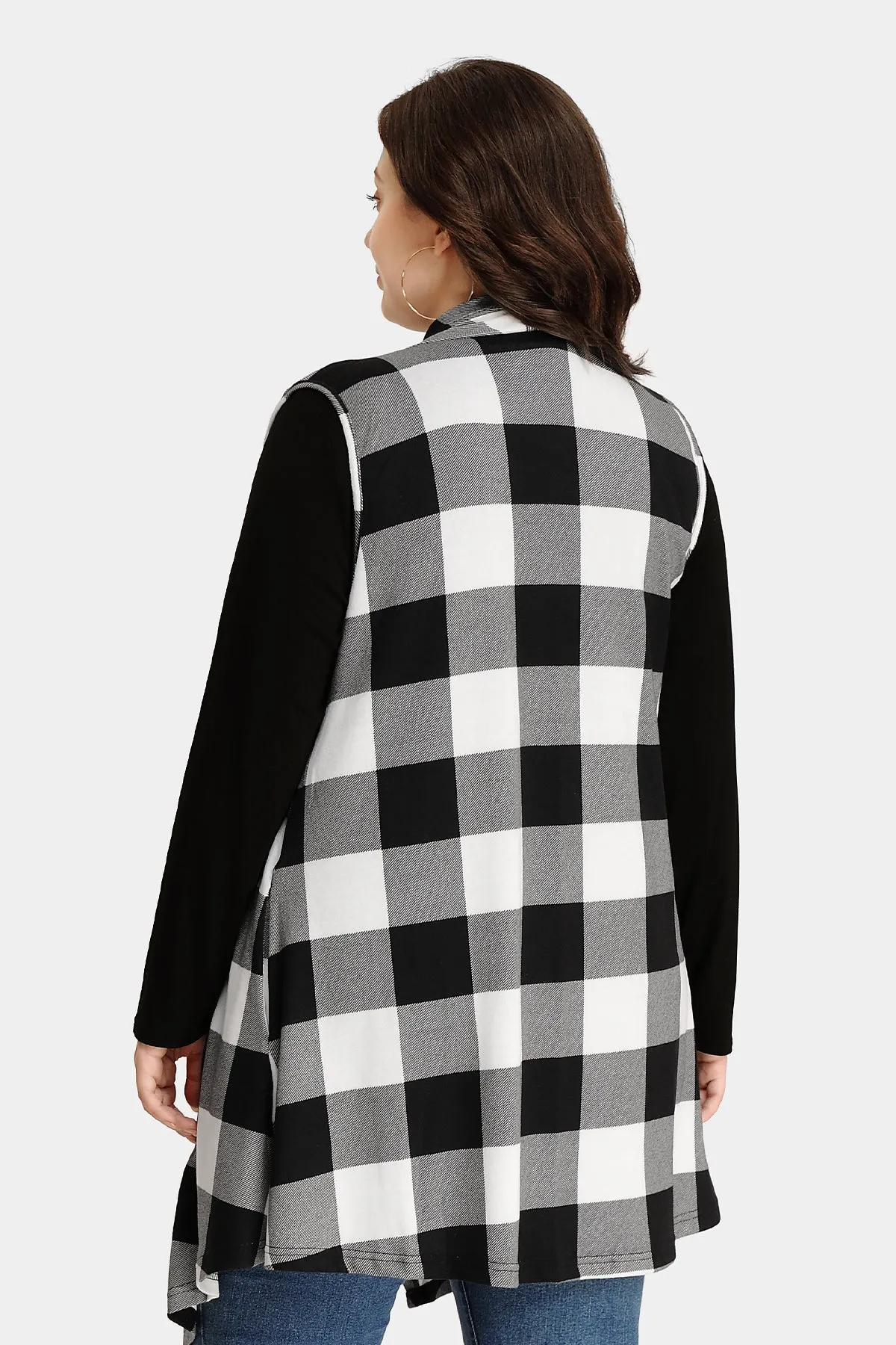 Plaid Stripe Design Long Sleeveless Coat