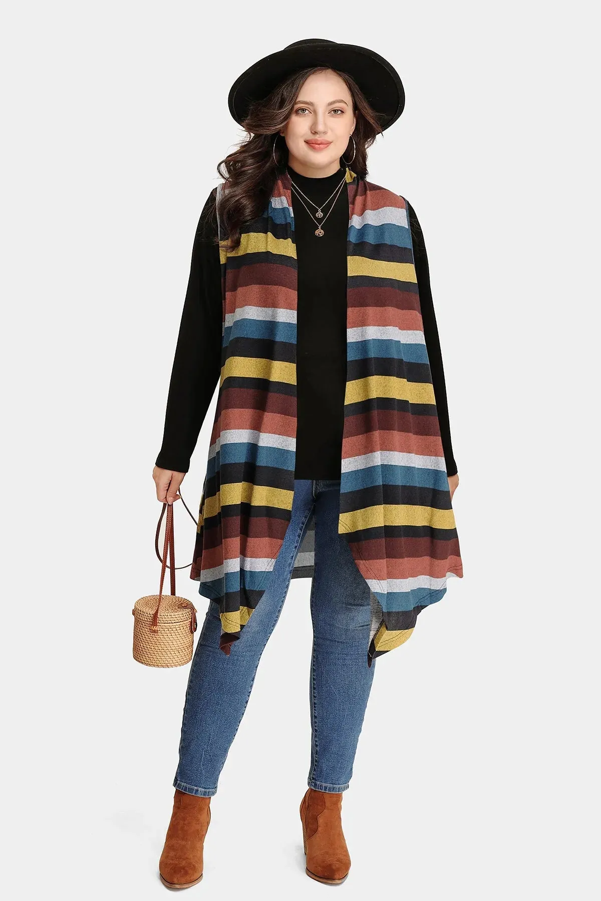 Plaid Stripe Design Long Sleeveless Coat