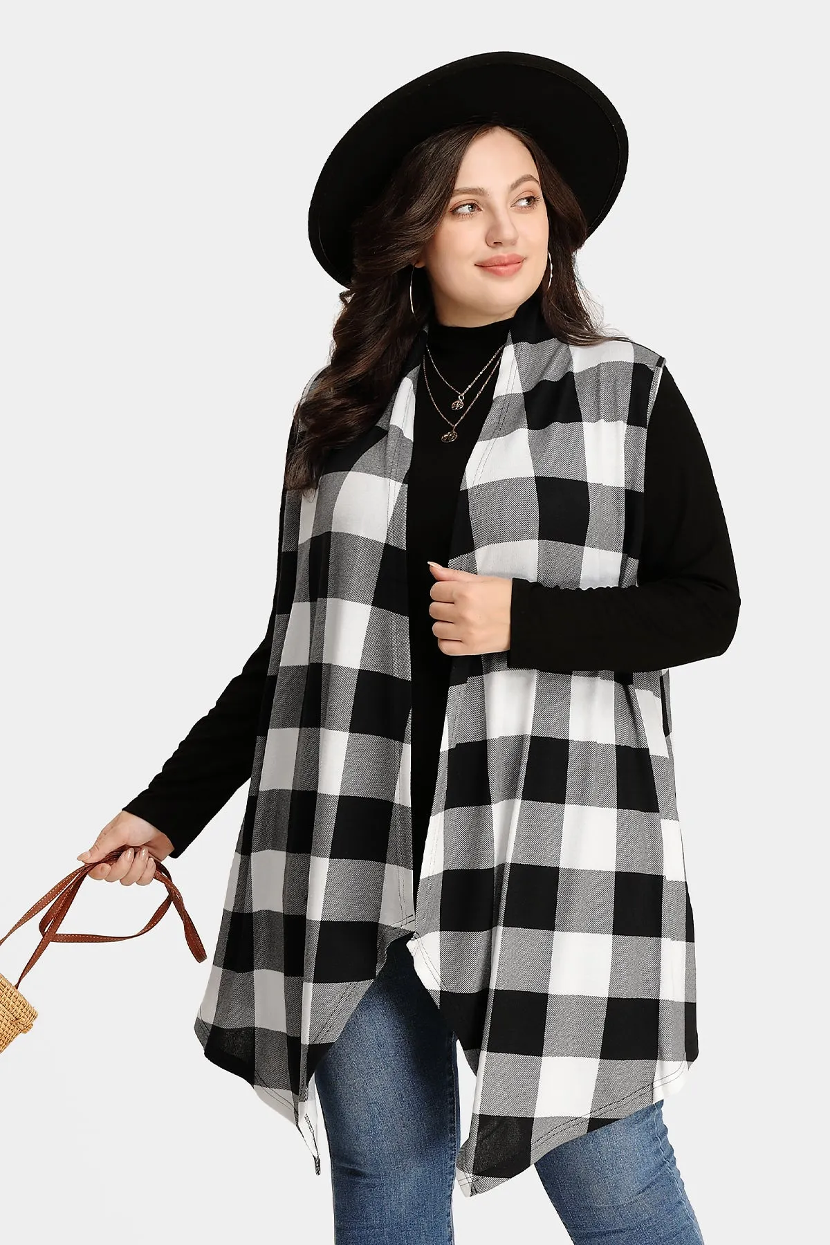 Plaid Stripe Design Long Sleeveless Coat