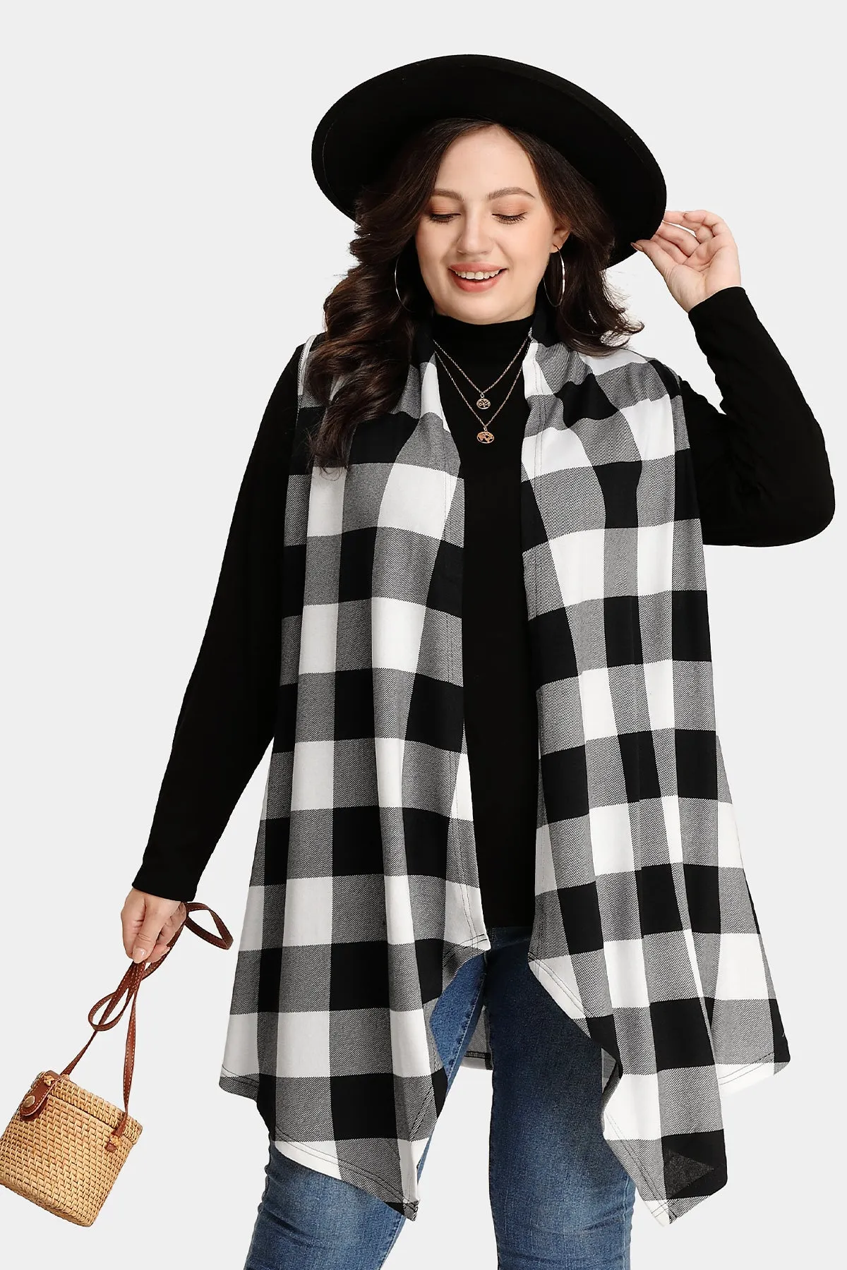 Plaid Stripe Design Long Sleeveless Coat