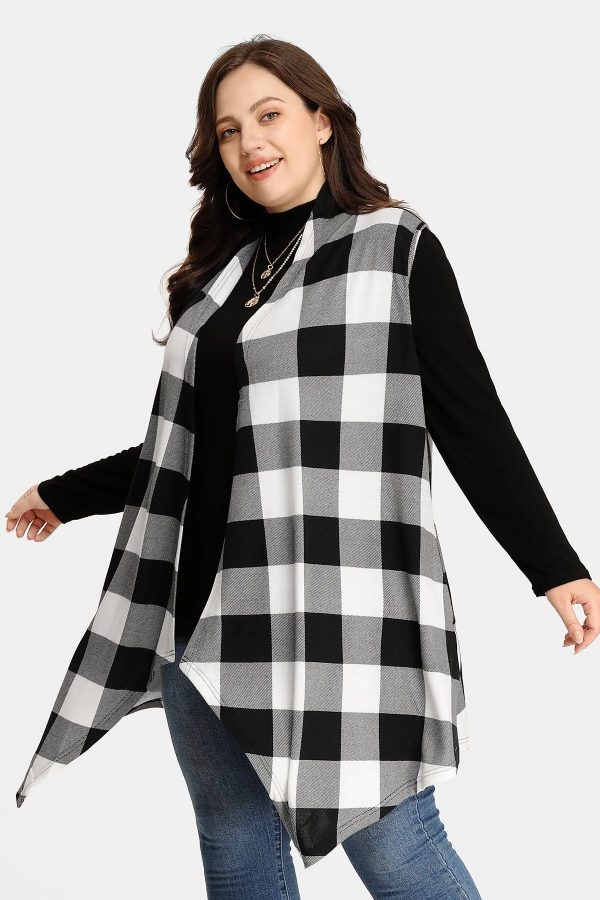 Plaid Stripe Design Long Sleeveless Coat