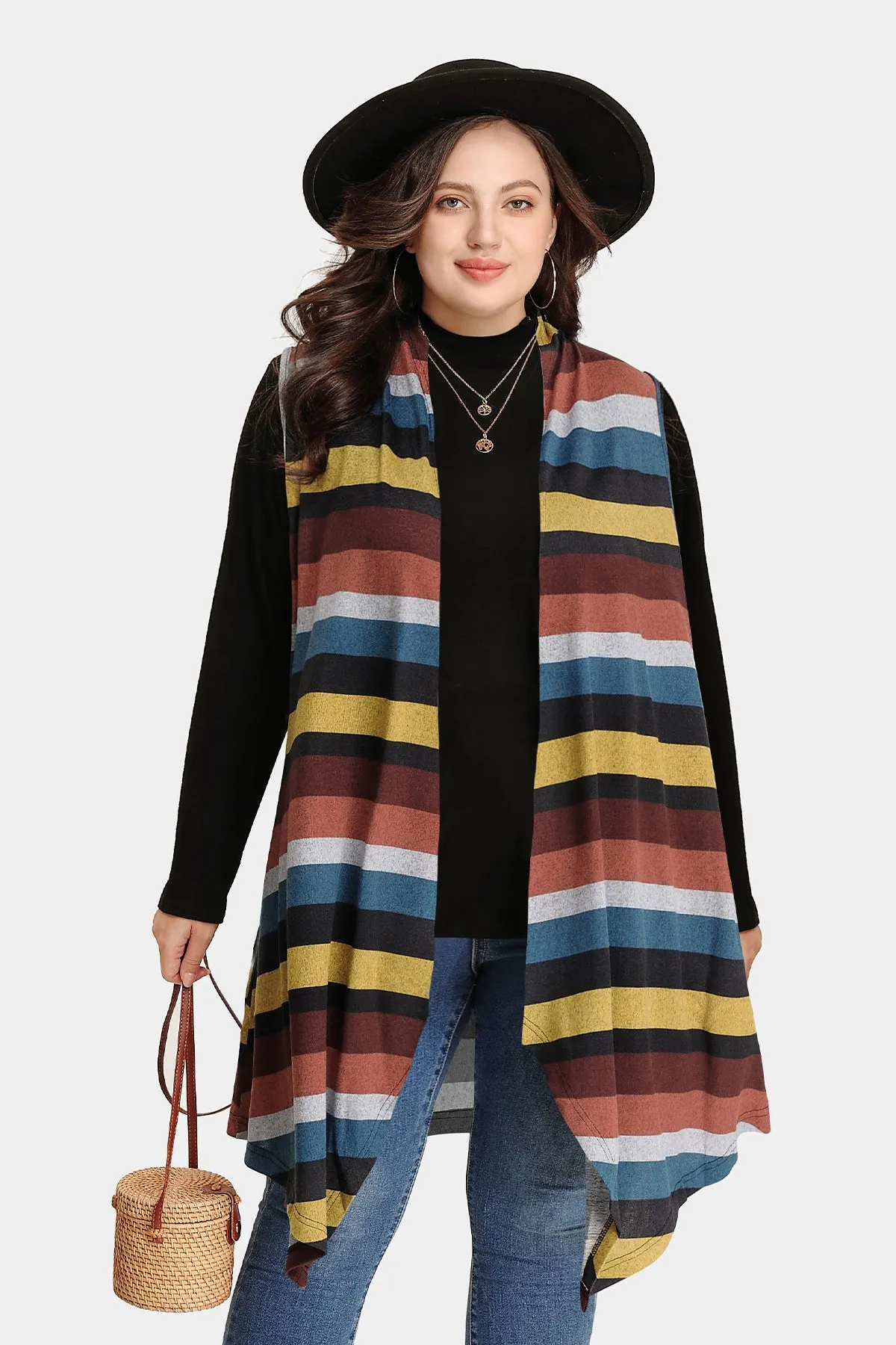 Plaid Stripe Design Long Sleeveless Coat