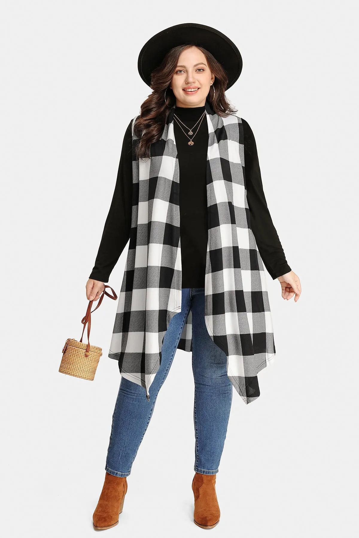 Plaid Stripe Design Long Sleeveless Coat